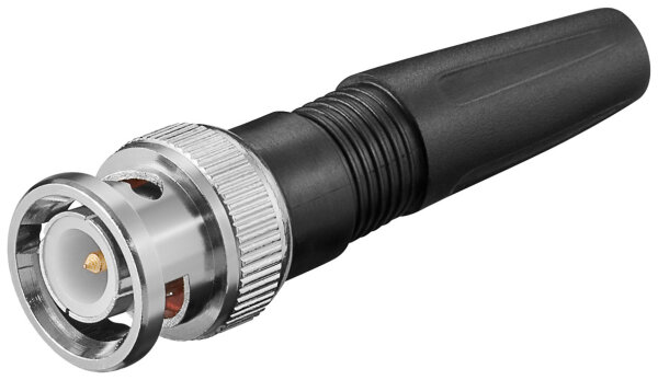 BNC-Stecker mit Schraubverschluss<br>mit Kunststoffkappe, Lötkontakten und Gold-Pin