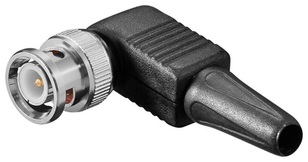 BNC-Winkelstecker mit Schraubverschluss - mit Kunststoffkappe, Schnellverschluss und Gold-Pin