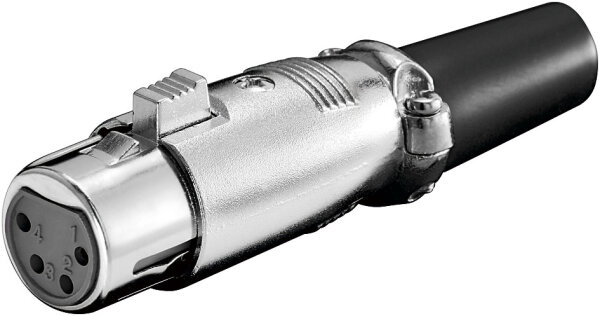 XLR-Steckverbinder - Mikrofonkupplung, XLR-Buchse (4-Pin) mit vergoldeten Kontakten, Verriegelung und geschraubter Zugentlastung