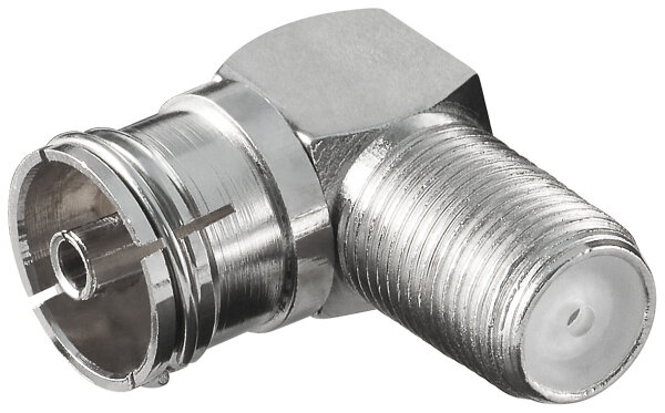 Winkeladapter: F-Buchse > Koax-Buchse 90°, Adapter-Stecker aus Zink
