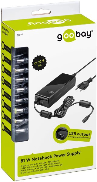 goobay - 90W Notebook-Netzteil inkl. 1x USB- und 8x DC-Adapter, 12 V - 22 V bis max. 6 A
