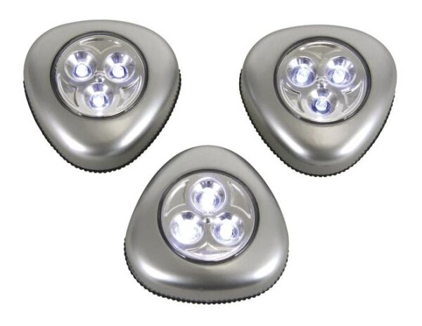 Selbstklebende LED-Leuchten, Set aus 3 Stück, mit einfachem Ein-/Ausschaltknopf, 3 Alkalibatterien, 3 LEDs pro Lampe, kabellos, flexible Platzierung in Schrank, Ankleide, Flur, grau