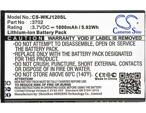 Ersatzakku - CS-WKJ120SL - WIKO 3702 / Jerry - 3,7 Volt 1600mAh Li-Ion