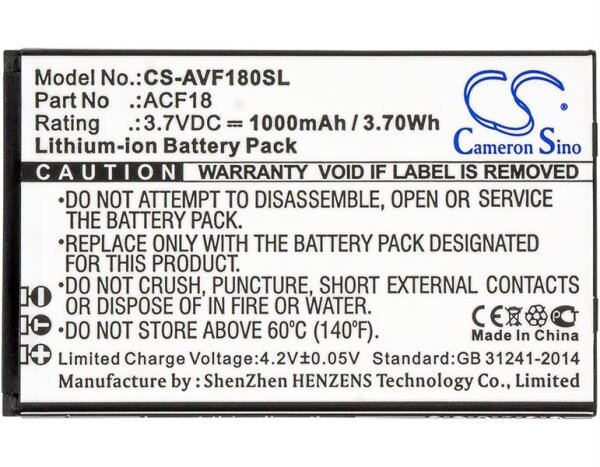 Ersatzakku - CS-AVF180SL - Archos F18 / ACF18 / ACF18V2 - 3,7 Volt 1000mAh Li-Ion