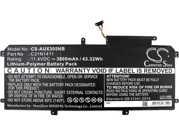 Ersatzakku - CS-AUX305NB - Asus C31N1411 / Zenbook U305UA - 11,4 Volt 3800mAh Li-Polymer