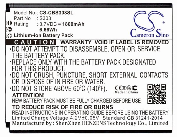 Ersatzakku - CS-CBS308SL - Cubot S308 - 3,7 Volt 1800mAh Li-Ion