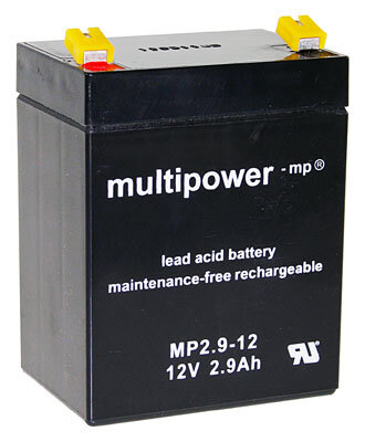 Multipower - MP2.9-12 - 12 Volt 2900mAh Pb - Blei-Akku AGM, Standard, Faston 4,8 mm +Pol links