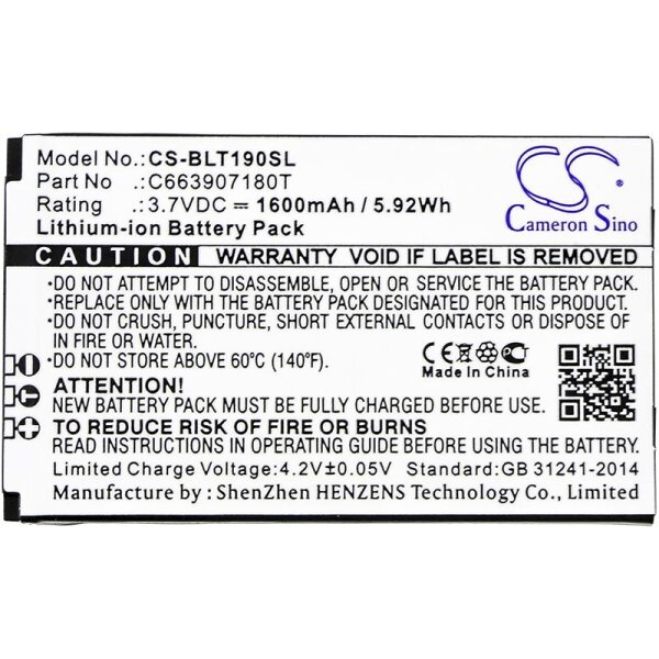 Ersatzakku - CS-BLT190SL - BLU C663907180T / T190 - 3,7 Volt 1600mAh Li-Ion