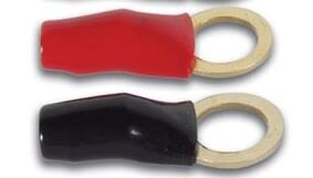 Ringkabelschuhe - 2er Set - 10mm² vergoldet - Beutel mit zwei Ringkabelschuhe - 1x Rot und 1x Schwarz