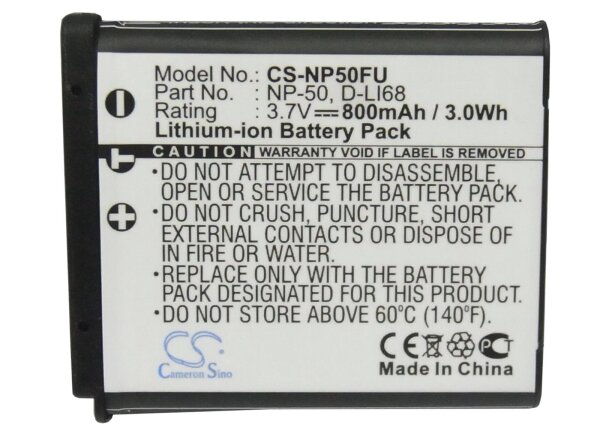 Ersatzakku - CS-NP50FU - Fujifilm FinePix F100fd / NP-50 / Pentax D-Li68 - 3,7 Volt 800mAh Li-Ion