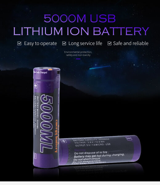 Liter - Ersatzakku - 5000ML - 18650USB-3.7-3500 - 3,6 Volt 3500mAh Li-Ion - inkl. Schutzbeschaltung, USB-Ladefunktion - Powerbank, für Taschenlampen