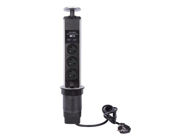 Perel - EBP03LUSB - 3-Fach-Steckdosenturm - Versenkbar - 2x USB - Stecker-Typ E (Französiches System)