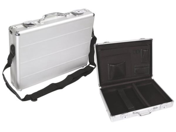 Perel - 1819-14 - Koffer für Laptop, Aluminium, 425mm x 305mm x 80mm - Laptopkoffer, Tragegurt, Schlüsselschloss, 2 Schlüssel, Aluminium, Silbergrau Metallic