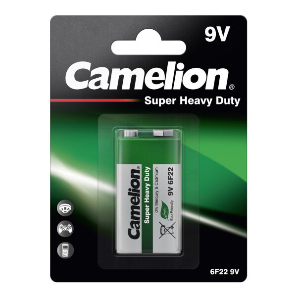 Camelion 6F22 / 9V Blockbatterie – Grün – 9 Volt 190mAh ZnMnO² Super Heavy Duty