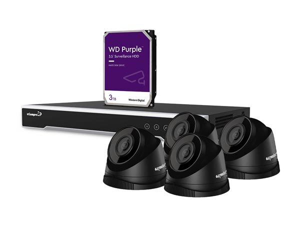 IP-ÜBERWACHUNGSKAMERA-SET - 4 MP - 8-KANAL-NETZWERK-VIDEOREKORDER - 4 x SCHWARZE IP-DOME-KAMERA - FESTPLATTE 3 TB - KABEL