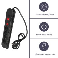Perel - EBP04N - Steckdosenleiste 4-Fach, Mehrfachsteckdose mit Schalter