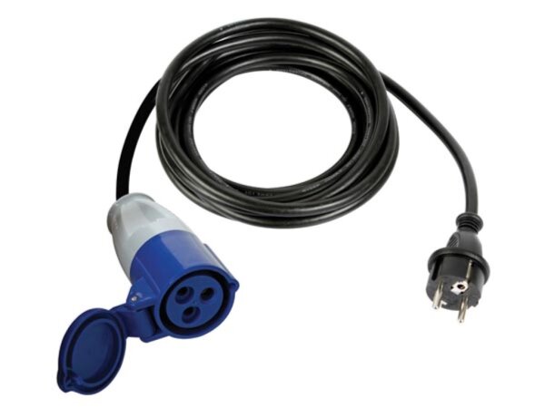 Adapterleitung, H07RN-F 3G2.5, 3 m, 16 A/230 V, 3680 W, Typ E/F auf CEE, für innen und außen, Gummi, blau