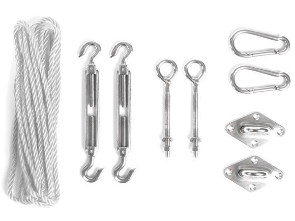 Perel - GSSK2 - Befestigungsset mit 2 Spannschlössern, 2 Augbolzen, 2 Augplatten, 2 Karabinerhaken, Nylon-Seil