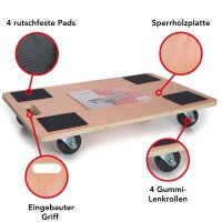 Toolland - QT115 - Möbelroller, mit rutschfester Beschichtung, 4 Pads, integrierter Griff, 4 Gummi-Lenkrollen, aus Sperrholz, Tragfähigkeit bis zu 400 kg, gut manövrierbar, 10,5 x 65 x 40 cm