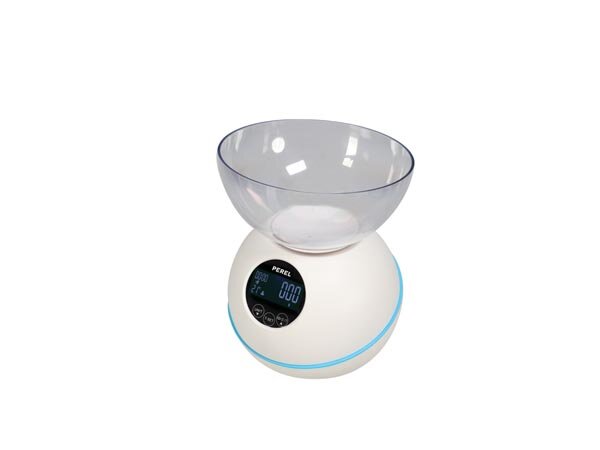 Perel - VTBAL105 - Küchenwaage, digital, max. 5 kg, Tara-Funktion, Timer, Uhrzeitanzeige, automatische Abschaltung, LCD-Anzeige, Batteriestandanzeige, Weiß