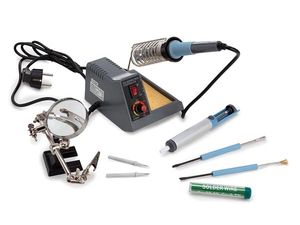 Velleman - VTSS4NSET - Lötstation Set 40-48 W mit Mika-Heizkörper, Lötkolben, Lötkolbenständer und Reinigungsschwamm, Lötset, analog Lötgerät, Löt- und Entlötgeräte, einstellbare Temperatur 150-480 °C, grau