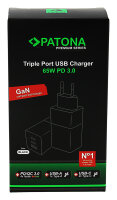 PATONA - Premium GaN PD65W Adapter - 2xUSB-C 1xUSB-A PD3.0 QC3.0 - schwarz