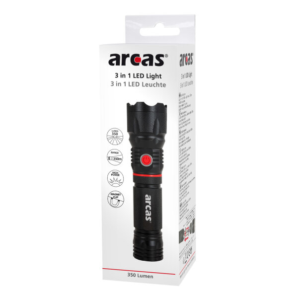 ARCAS - 3 in 1 LED Aluminium Taschenlampe - 350 Lumen - schwarz