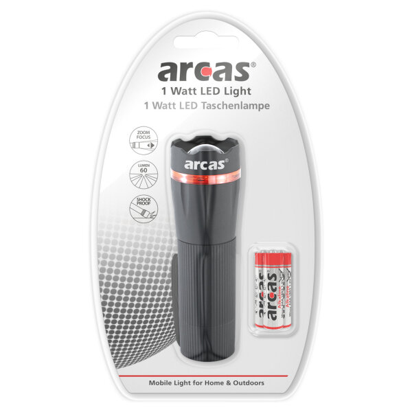 ARCAS - LED Kunststoff Taschenlampe - 1 Watt Zoom - 60 Lumen - schwarz