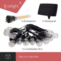 Solar LED Lichterkette 15 m – 15 Warmweiße Glühbirnen – Wetterfest für Garten & Balkon