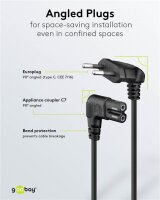 Anschlusskabel mit Eurostecker abgewinkelt, 2 m, schwarz - Eurostecker (Typ C, CEE 7/16) 90° > Gerätebuchse C7 90°