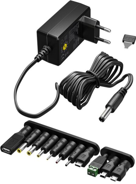 Universal-Netzteil (3 V - 12 V, max. 18 W / 1,5 A) inkl. 11 Adapter: 7 DC-Adapter plus USB-C™, USB-A, USB Mini-B, Micro-USB und Schraubklemmenanschluss