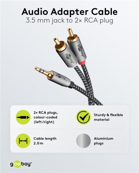 Audio Adapterkabel AUX, 3,5-mm-Klinke zu Stereo-Cinch-Stecker, 2 m