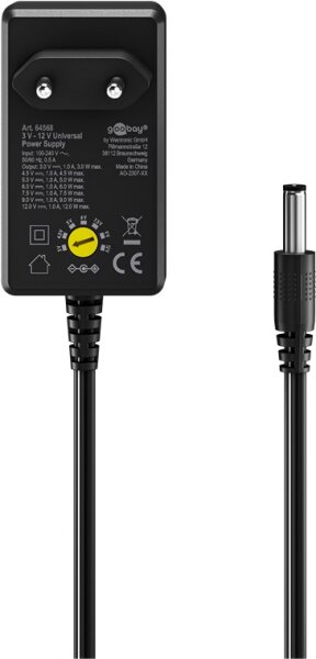 Universal-Netzteil 3 V - 12 V, max. 12 W inkl. 11 Adapter: 7 DC-Adapter plus USB-C™, USB-A, USB Mini-B, Micro-USB und Schraubklemmenanschluss