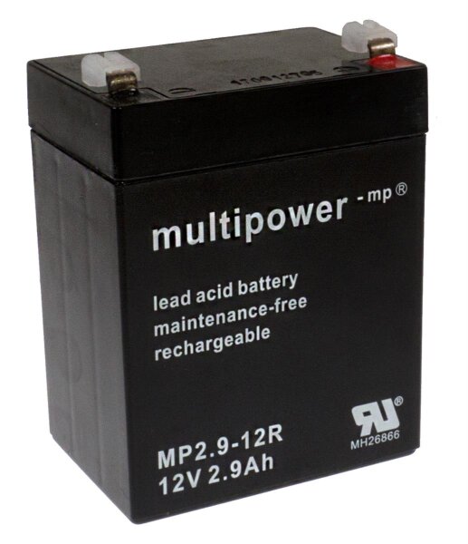 Multipower - MP2.9-12R - 12 Volt 2900mAh Pb - Blei-Akku MP2,9-12R AGM, Standard, Faston 4,8 mm +Pol rechts