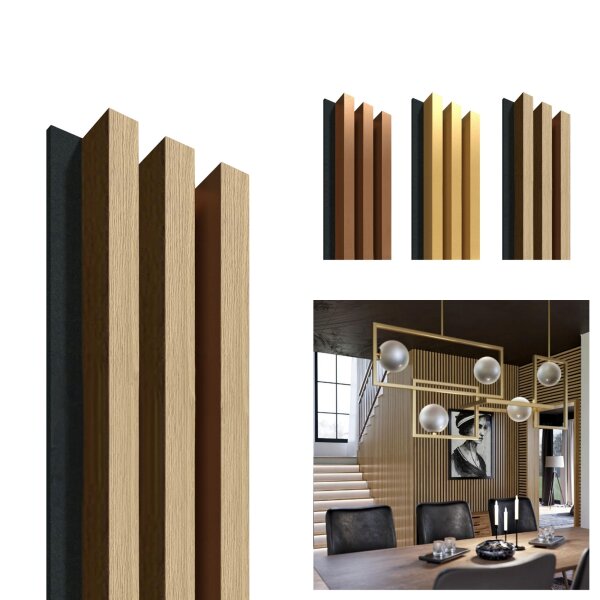Akustik Wandpanel Eiche-Schwarz, 1250 x 131mm, 3 Lamellen 10 x 27mm, Filz 8mm (4Stk)