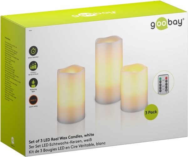 3er-Set LED-Echtwachskerzen, weiß