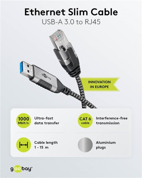 Ethernet-Kabel USB-A 3.0 auf RJ45, Slim, 15 m
