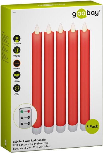 5er-Set rote LED-Echtwachs-Stabkerzen, inkl. Fernbedienung und 10x AA (LR 6)