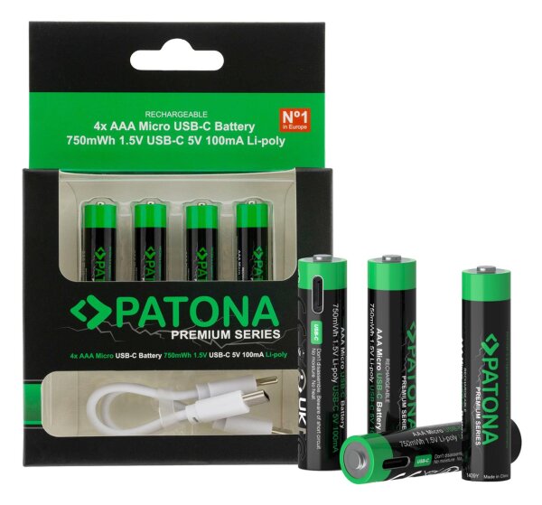 PATONA Premium USB-C 4x AAA Micro Akkus Lithium 750mWh 1,5 Volt aufladbar mit 1 zu 2 USB-C Ladekabel