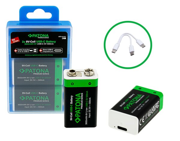 Patona Premium USB-C 2x 9 Volt Block Akkus 6F22 Lithium 3600mWh 1.5V aufladbar mit 1zu2 USB-C Kabel