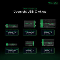 Patona Premium USB-C 2x 9 Volt Block Akkus 6F22 Lithium 3600mWh 1.5V aufladbar mit 1zu2 USB-C Kabel