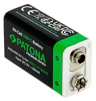 Patona Premium USB-C 2x 9 Volt Block Akkus 6F22 Lithium 3600mWh 1.5V aufladbar mit 1zu2 USB-C Kabel