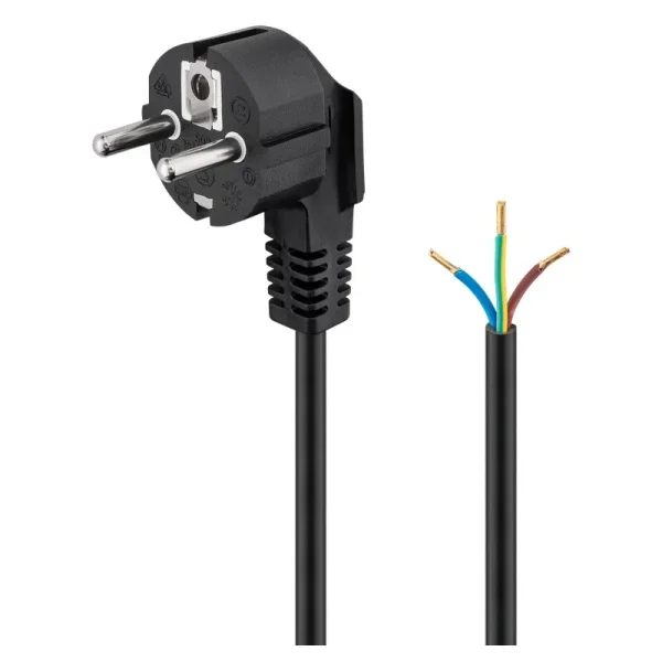 Schutzkontaktkabel abgewinkelt zum Konfektionieren, 1 m, Schwarz - Schutzkontaktstecker Hybrid (Typ E/F, CEE 7/7) 90° > lose Kabelenden - gebraucht / B-Ware