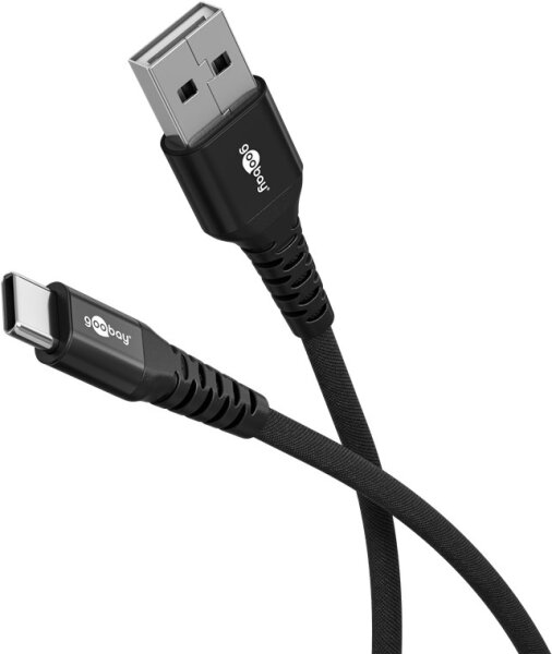 USB-C™ auf USB-A Textilkabel 3 m – supersoft, mit Metallsteckern – Schwarz