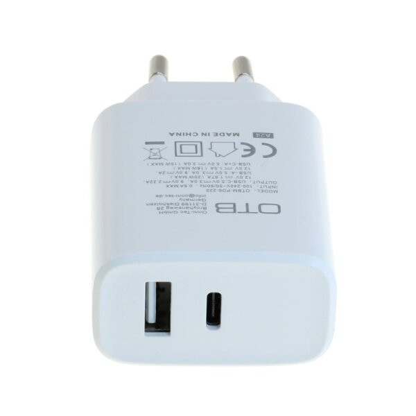OTB USB-Ladegerät 20W – Dual-Port (USB-C + USB-A) mit Power Delivery, weiß
