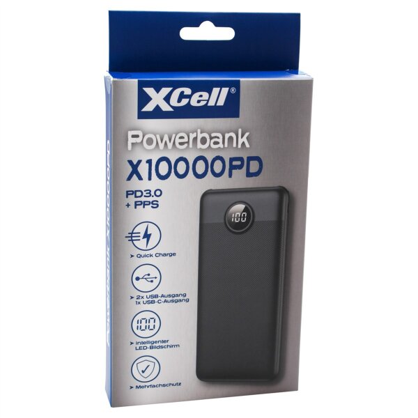 XCell Powerbank X10000PD 10.000mAh – 20W PD Schnellladung mit USB‑C, LCD Anzeige, ultraflach