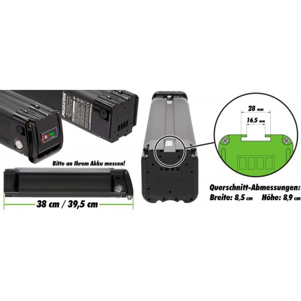 Maratron Ersatz-Akku ZZ520 36V 10,4Ah (374Wh) für Telefunken & Zündapp E-Bikes | 39,5 cm mit DC-Ladebuchse