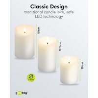 goobay - 3er-Set LED-Echtwachskerzen Weiß mit Timer & 3D-Flamme