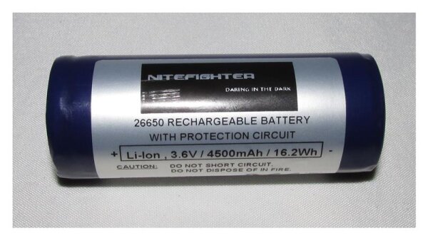 Nitefighter - Powerakku 26650 - 3,6 Volt 4500mAh Li-Ion - mit PCB Schutzschaltung - Flat-Top